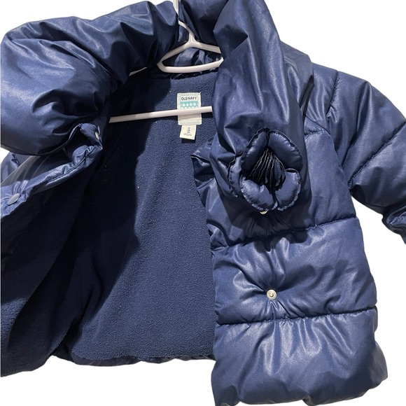 Old Navy Baby Girls 2T Puffer Jacket Navy Blue w/ Flower Accent Snap - Picture 2 of 5